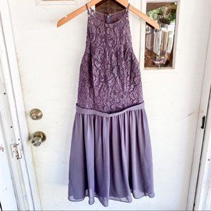 JB Dusty Lavender Floral Lace Halter Chiffon Dress